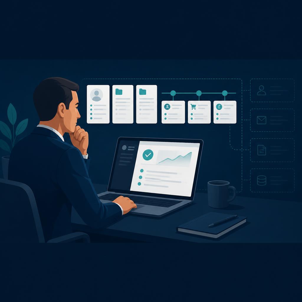 A business professional reviews an AI recommendation while only part of the supporting information is visible