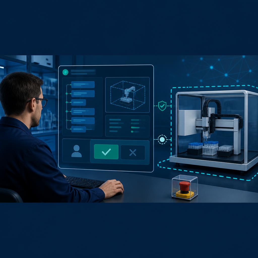 A technician supervises an AI-connected laboratory instrument with clear controls and an emergency stop