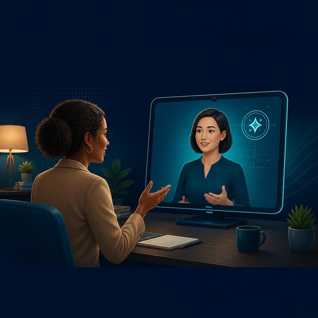 A customer speaks with a clearly identified AI avatar on a screen