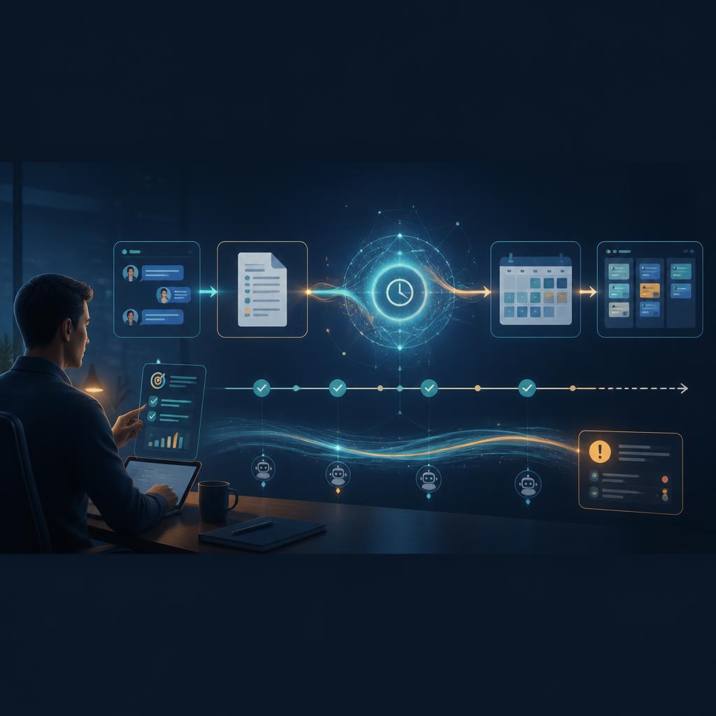 A business team supervises an AI agent carrying work across recurring tasks and connected tools